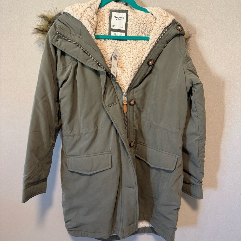 Abercrombie Fitch Military Jacket Size L Hood Green Utility Army Sherpa Lined
